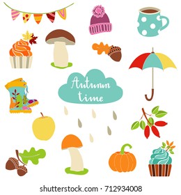 Autumn cartoon plants, food and items set with lettering. Fall season collection of hand drawn vector elements for harvest festival, autumn party or Thanksgiving day. Text for autumn sale. 