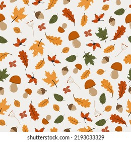 autumn cartoon seamless pattern. Yellow, red, brown leaves, rose hips, acorns. Pattern for packaging, wallpapers, textiles. Vector illustration, hand drawn