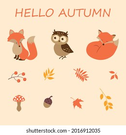 Autumn cartoon set with fox, owl, mushroom and leaves.