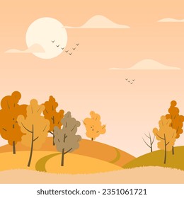Autumn cartoon style landscape with colorful trees and hills