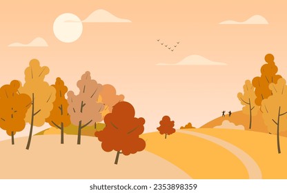 Autumn cartoon style landscape with colorful trees and hills
