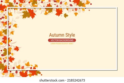 Autumn cartoon style vector background with colorful leaves and white frame