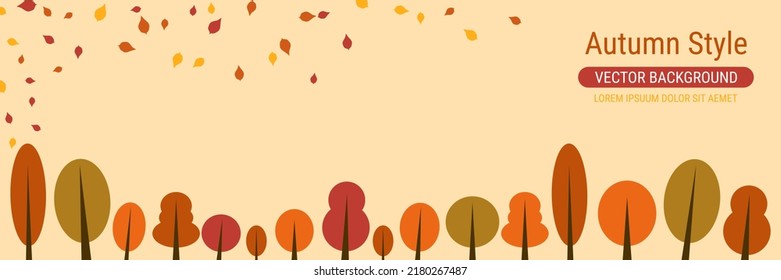 Plantilla de banner vectorial de estilo de dibujos animados de otoño. Fondo amarillo con coloridas hojas de árbol y árboles