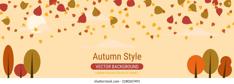 Autumn cartoon style vector banner template. Yellow background with colorful tree leaves and trees