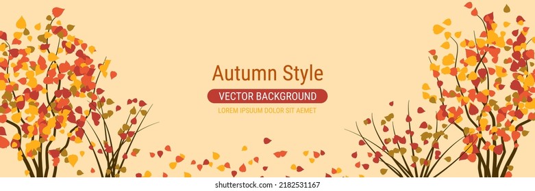 Autumn cartoon style vector banner template. Yellow background with colorful tree leaves