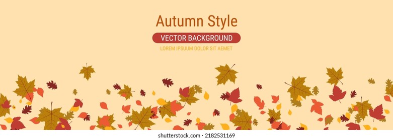Autumn cartoon style vector banner template. Yellow background with colorful tree leaves