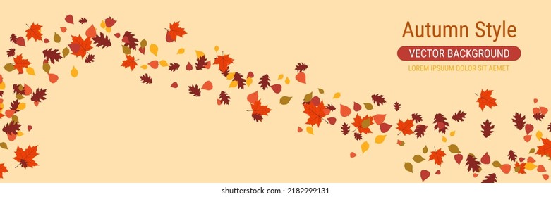 Autumn cartoon style vector banner template. Yellow background with colorful tree leaves
