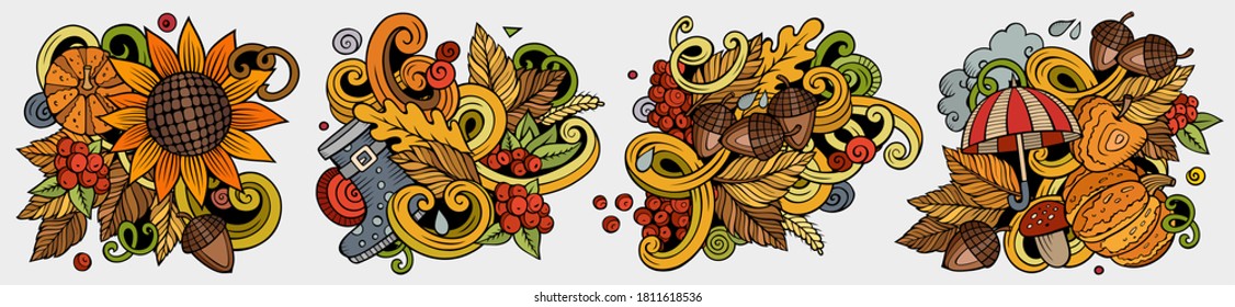 Autumn cartoon vector doodle designs set. Colorful detailed compositions with lot of fall season objects and symbols. Isolated on white illustrations. Seasonal banner