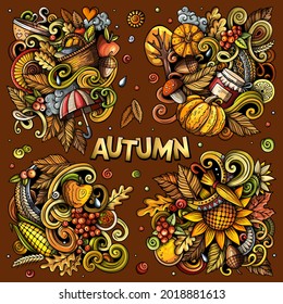 Autumn cartoon vector doodle designs set. Colorful detailed compositions with lot of fall objects and symbols. All items are separate
