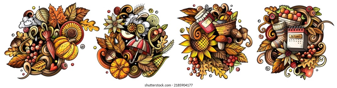 Diseños de doodles vectores de dibujos animados de otoño. Coloridas composiciones detalladas con muchos objetos y símbolos de la temporada de otoño. Aislado en ilustraciones blancas. Banner estacional