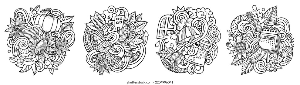 Autumn cartoon vector doodle designs set. Sketchy detailed compositions with lot of fall season objects and symbols. Isolated on white illustrations. Seasonal banner