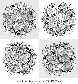 Autumn cartoon vector doodle illustration. Line art detailed designs with lot of separate objects and symbols. 4 composition set