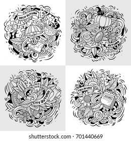 Autumn cartoon vector doodle illustration. Line art detailed designs with lot of separate objects and symbols. 4 composition set