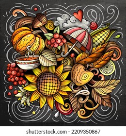 Autumn cartoon vector doodles illustration. Fall poster design. Season elements and objects background. Chalkboard funny picture