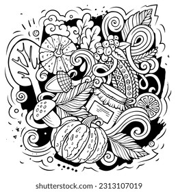 Autumn cartoon vector doodles illustration. Fall design. Season elements and objects background. Sketchy funny picture.