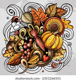 Autumn cartoon vector doodles illustration. Fall design. Season elements and objects background. Bright colors funny picture.