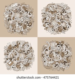 Autumn cartoon vector hand drawn doodle illustration. Line art detailed designs with lot of objects and symbols. 4 square composition backgrounds set. Monochrome picture with fall theme items