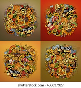 Autumn cartoon vector hand drawn doodle illustration. Colorful detailed designs with lot of objects and symbols. 4 square composition backgrounds set. Bright colors picture with fall theme items