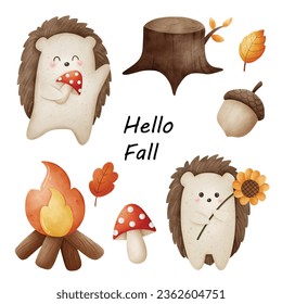 Autumn cartoon watercolor vector illustration set includes hedgehogs, leaves, a stump, a bonfire, an acorn, and a mushroom