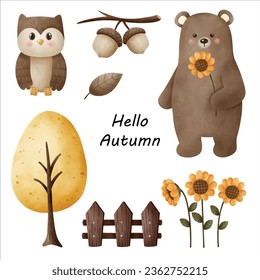 Autumn cartoon watercolor vector illustration set includes owls, acorns, leaves, bears, trees, wooden fences, and sunflowers