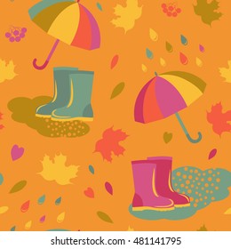 Autumn cartoon weather seamless pattern. Seasonal colorful vector illustration.