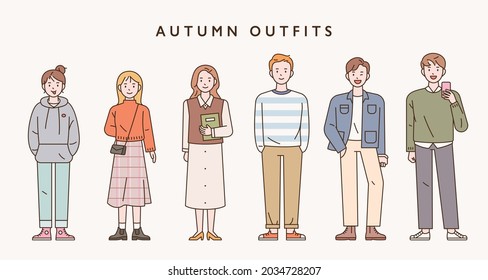 Autumn casual fashion of young people. People characters standing front to back in different styles of clothes. outline simple vector illustration.