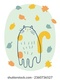 Autumn cat among falling leaves in retro style. National Cat Day concept. Perfect print for tee, poster, card, sticker. Vector illustration.