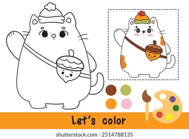 Otoño gato libro para colorear lindo gatito de dibujos animados con bellota. Páginas de actividades para niños (animales de otoño). Niño adorable del carácter del dibujo de Kawaii noviembre (festival de la cosecha). Perfecto pedir un deseo para la fiesta infantil