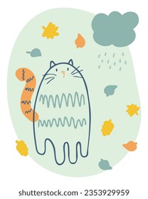 Autumn cat on a rainy day in retro style. National Cat Day concept. Perfect print for tee, poster, card, sticker. Vector illustration.