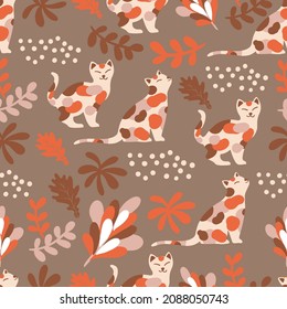 Autumn cat and plants seamless pattern