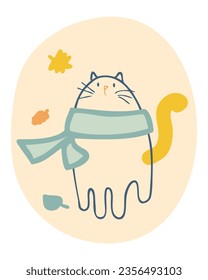 Autumn cat in a scarf in retro style. National Cat Day concept. Perfect print for tee, poster, card, sticker. Vector illustration.
