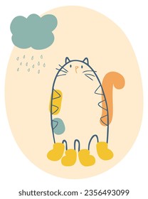 Autumn cat in yellow boots in the rain. National Cat Day concept. Perfect print for tee, poster, card, sticker. Vector illustration.
