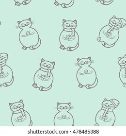 Autumn cats on a turquoise background. Cats background. Cat seamless pattern. Autumn background. Hand drawing. Vector illustration.