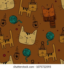 
autumn cats in a scarf and hat with a ball of threads and a cup of tea. color pattern