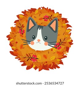 autumn cats with wreaths of leaves, berries, pumpkins, acorns, viburnum. Vector in flat style