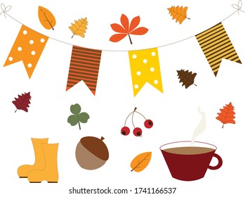 Autumn celebration. Colorful leaves and other autumn flat items.