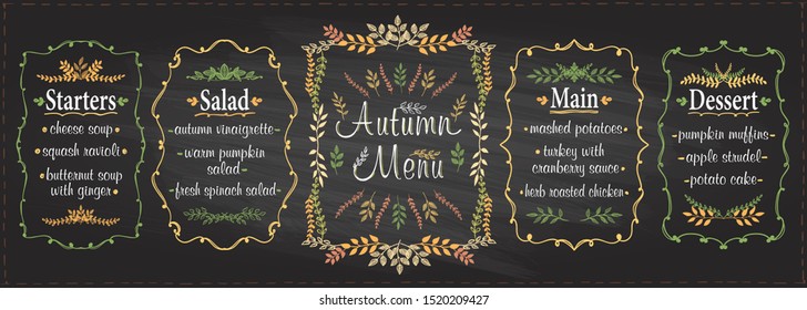 Autumn chalk menu set - starters, salad, main and dessert, chalkboard graphic sketch illustration, seasonal menu