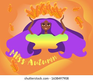 Autumn Character. Beautiful woman with purple hair and autumn leaves in hands. Vector illustration.