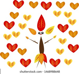 autumn character of twigs and colorful leaves with red lips and big black eyes golden season concept