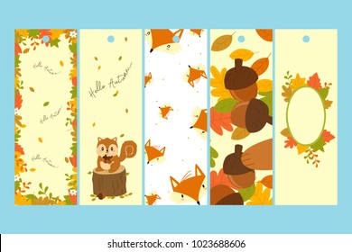 Autumn characters bookmark template set. Printable bookmark design cartoon vector.