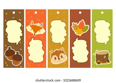 Autumn characters and items bookmark template. Printable bookmark template cartoon vector.