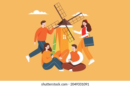 Autumn characters outdoor activities illustration autumn friends travel autumn outing poster