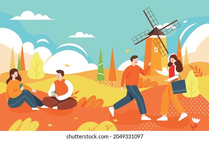 Autumn characters outdoor activities illustration autumn friends travel autumn outing poster