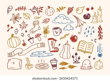 Autumn charcoal doodle and drawings of fallen leaves and cozy objects, warm clothes and mugs with hot drinks, cold weather and pumpkins. Vector illustration.