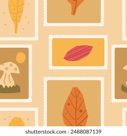 Autumn checked seamless pattern. Cut outs mushroom and leaves shapes repeat background. Bento box retro harvest stamps design. Vector hand drawn illustration.