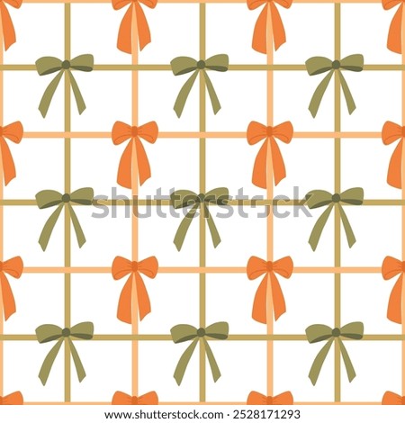 Autumn checkered seamless pattern with bows. Cute green and orange vintage bows and ribbons. Vector fall hand drawn design for wallpaper, repeat background, print, textile, wrap paper.