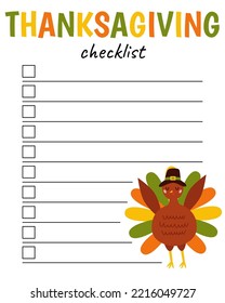 Autumn checklist. Pilgrim Turkey Thanksgiving. Organizer and schedule with place for Notes. Planner template. Vector flat cartoon illustration.