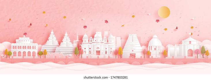Autumn in Chennai, India with falling leaves and world famous landmarks in paper cut style vector illustration