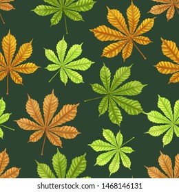 Autumn chestnut leaves on a green background. Seamless vector pattern