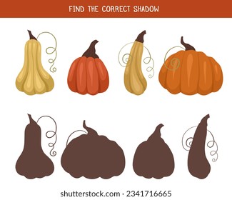 Hoja de trabajo divertida educativa infantil de otoño.  Encuentra la sombra correcta para los vegetales.  Encuentra silueta negra derecha para calabazas. Plantilla de vectores para juegos preescolares de otoño. 